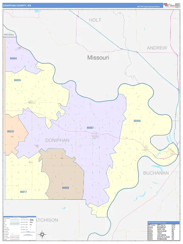 Doniphan County, KS ZIP Code Wall Map, ColorCast style