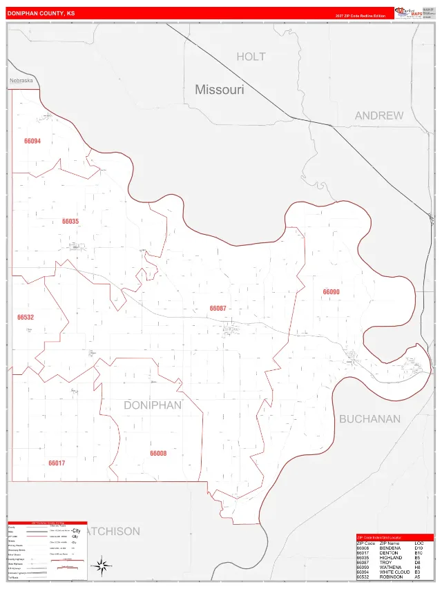 Doniphan County, KS ZIP Code Wall Map, RedLine style