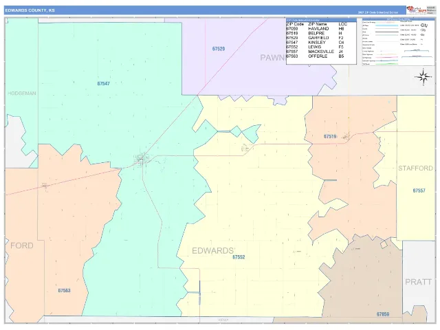 Edwards County, KS ZIP Code Wall Map, ColorCast style