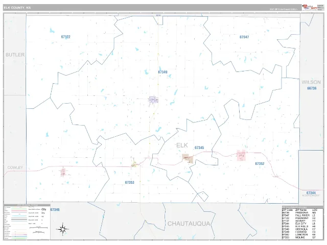 Elk County, KS ZIP Code Wall Map, Classic style