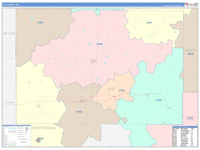Elk County, KS ZIP Code Wall Map, ColorCast style