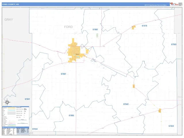 Ford County, KS ZIP Code Wall Map, Business Reference style