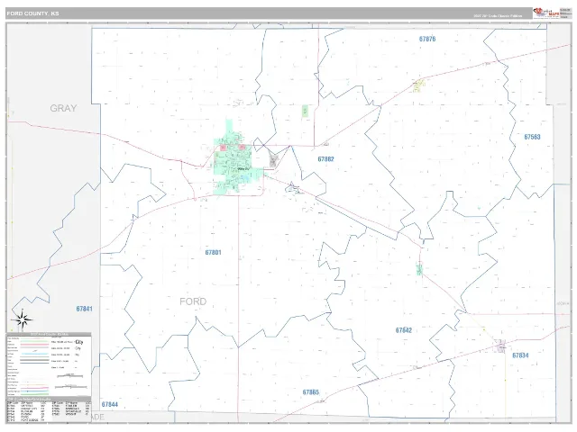 Ford County, KS ZIP Code Wall Map, Classic style