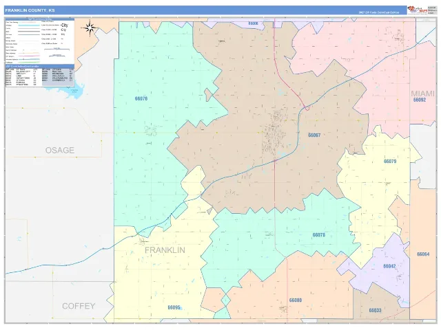 Franklin County, KS ZIP Code Wall Map, ColorCast style