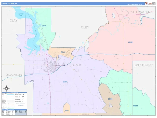 Geary County, KS ZIP Code Wall Map, ColorCast style