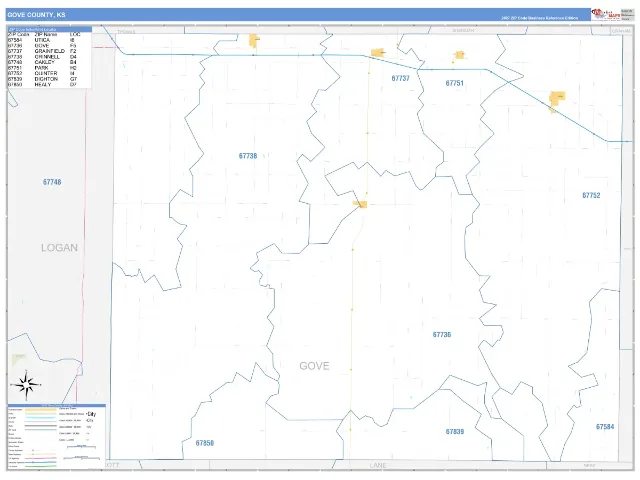 Gove County, KS ZIP Code Wall Map, Business Reference style