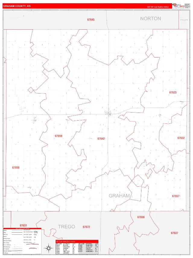 Graham County, KS ZIP Code Wall Map, RedLine style