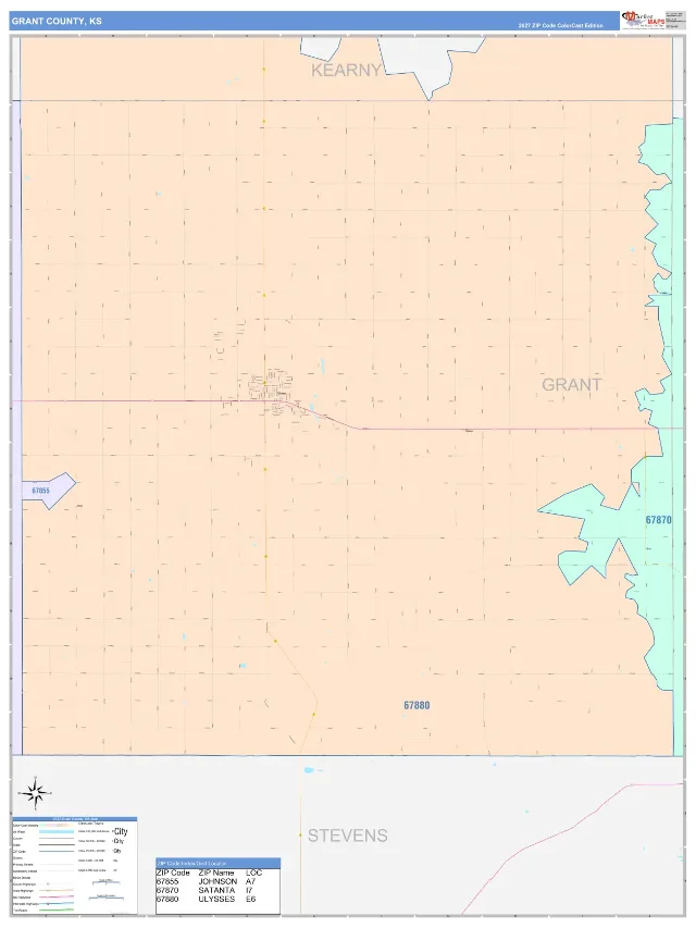 Grant County, KS ZIP Code Wall Map, ColorCast style