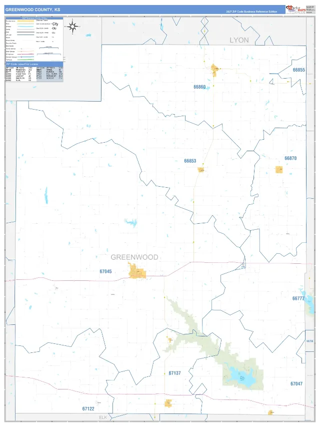 Greenwood County, KS ZIP Code Wall Map, Business Reference style