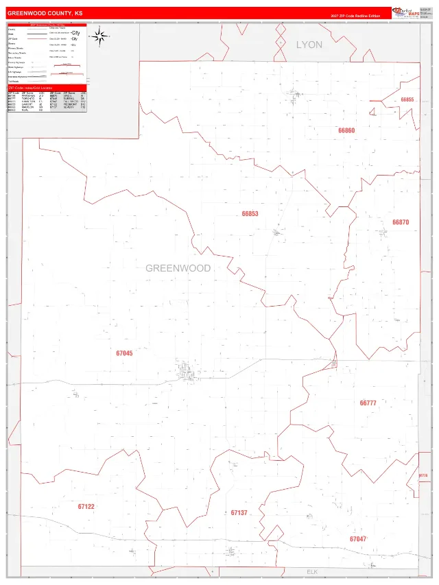 Greenwood County, KS ZIP Code Wall Map, RedLine style