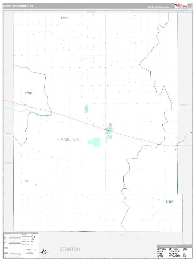 Hamilton County, KS ZIP Code Wall Map, Classic style