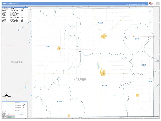 Harper County, KS ZIP Code Wall Map, Business Reference style