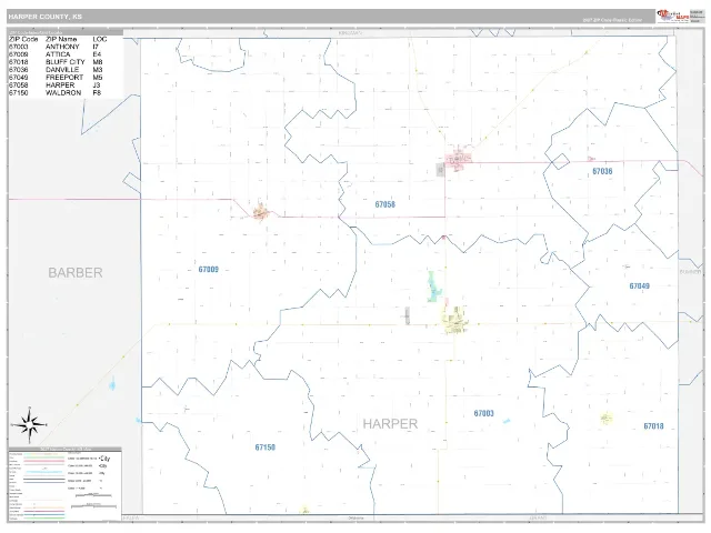 Harper County, KS ZIP Code Wall Map, Classic style
