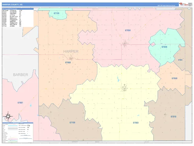 Harper County, KS ZIP Code Wall Map, ColorCast style