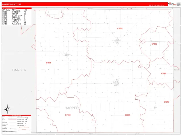 Harper County, KS ZIP Code Wall Map, RedLine style