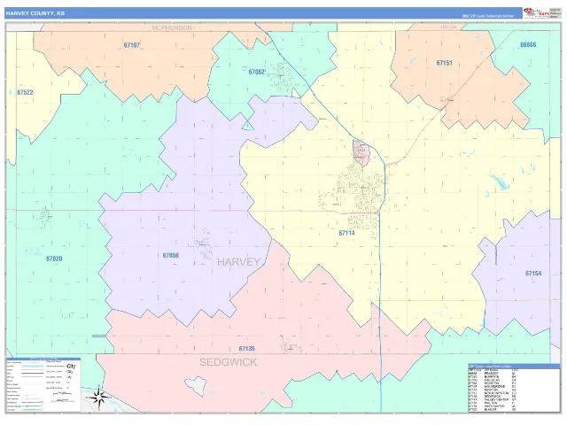 Harvey County, KS ZIP Code Wall Map, ColorCast style