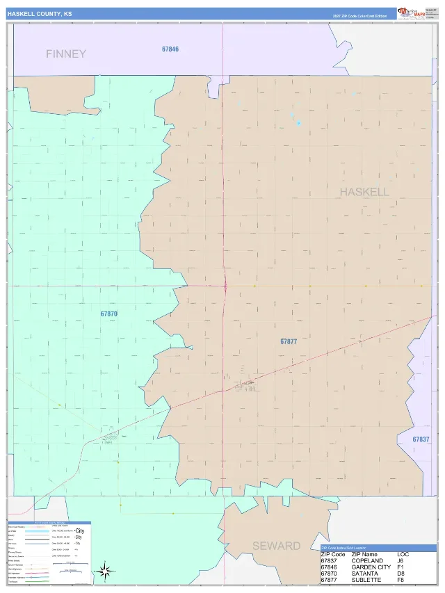 Haskell County, KS ZIP Code Wall Map, ColorCast style