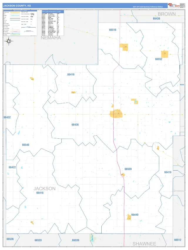 Jackson County, KS ZIP Code Wall Map, Business Reference style