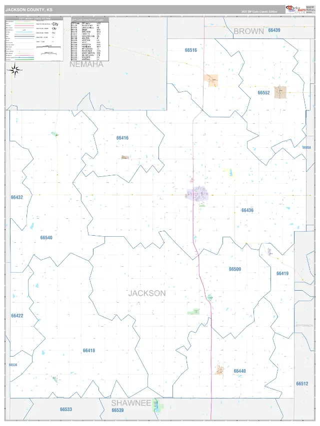 Jackson County, KS ZIP Code Wall Map, Classic style