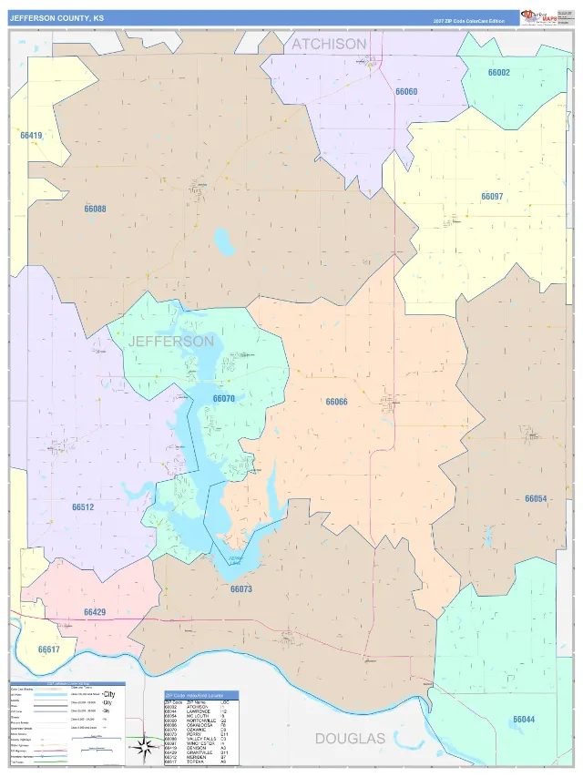Jefferson County, KS ZIP Code Wall Map, ColorCast style