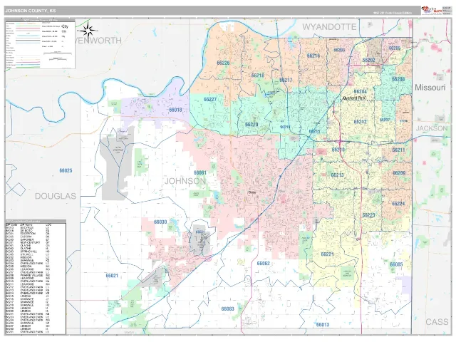 Johnson County, KS ZIP Code Wall Map, Classic style