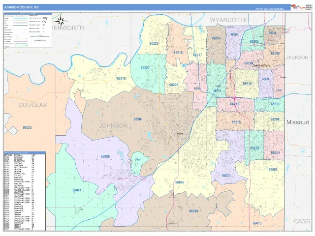 Johnson County, KS ZIP Code Wall Map, ColorCast style