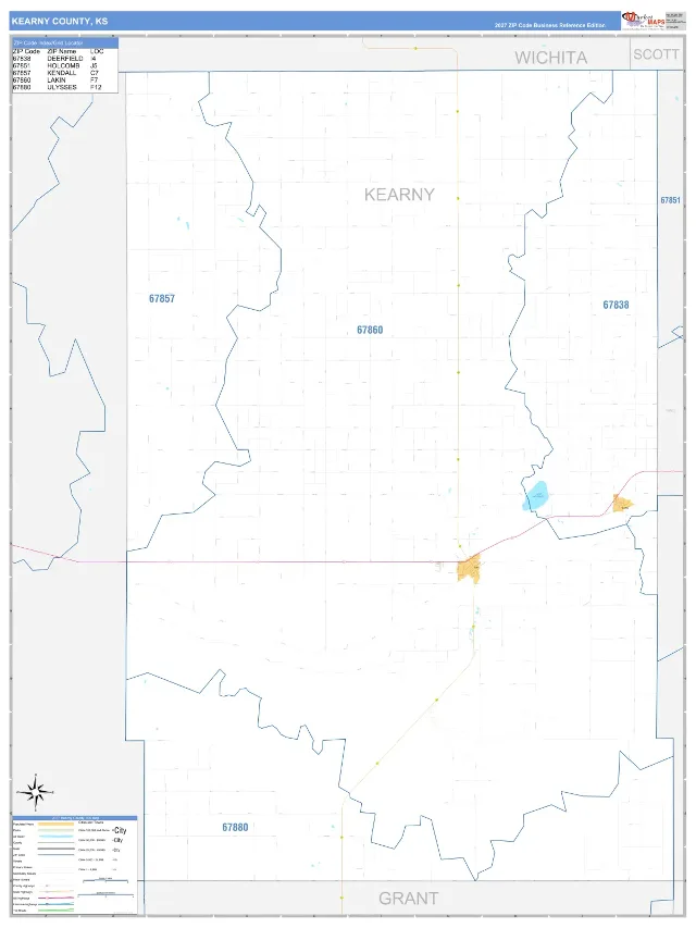 Kearny County, KS ZIP Code Wall Map, Business Reference style