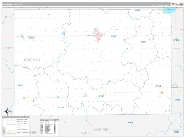 Kingman County, KS ZIP Code Wall Map, Classic style