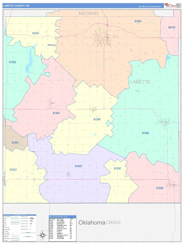 Labette County, KS ZIP Code Wall Map, ColorCast style