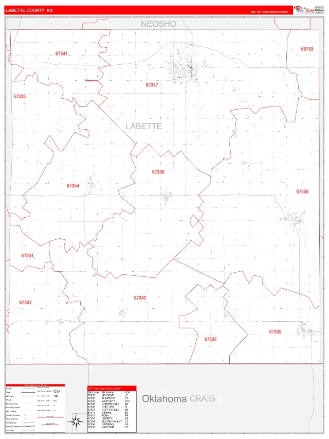 Labette County, KS ZIP Code Wall Map, RedLine style