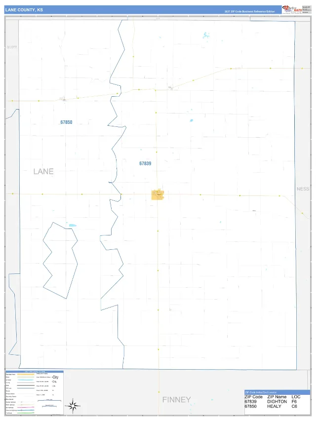 Lane County, KS ZIP Code Wall Map, Business Reference style