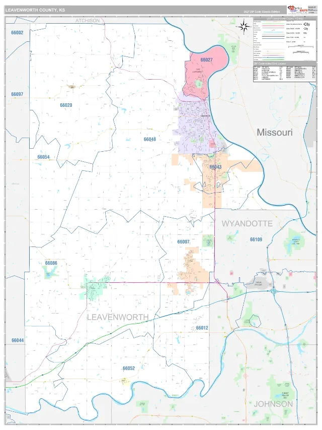 Leavenworth County, KS ZIP Code Wall Map, Classic style