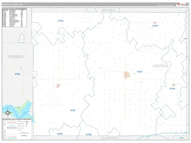 Lincoln County, KS ZIP Code Wall Map, Classic style