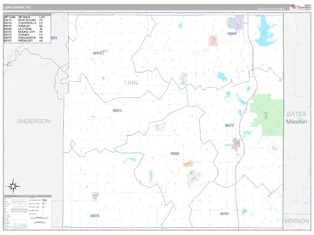 Linn County, KS ZIP Code Wall Map, Classic style