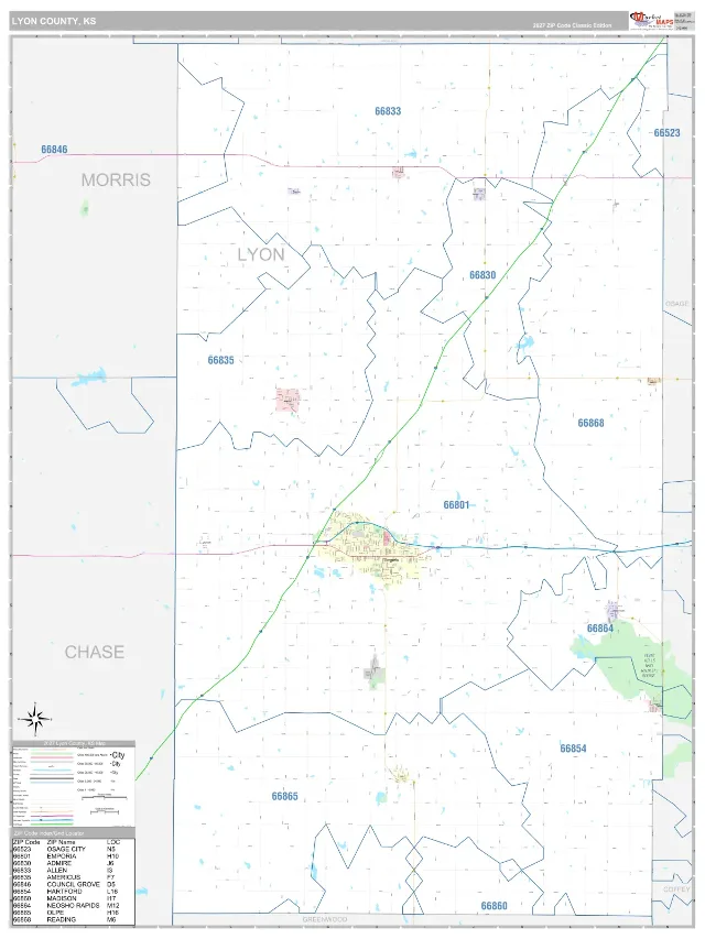 Lyon County, KS ZIP Code Wall Map, Classic style
