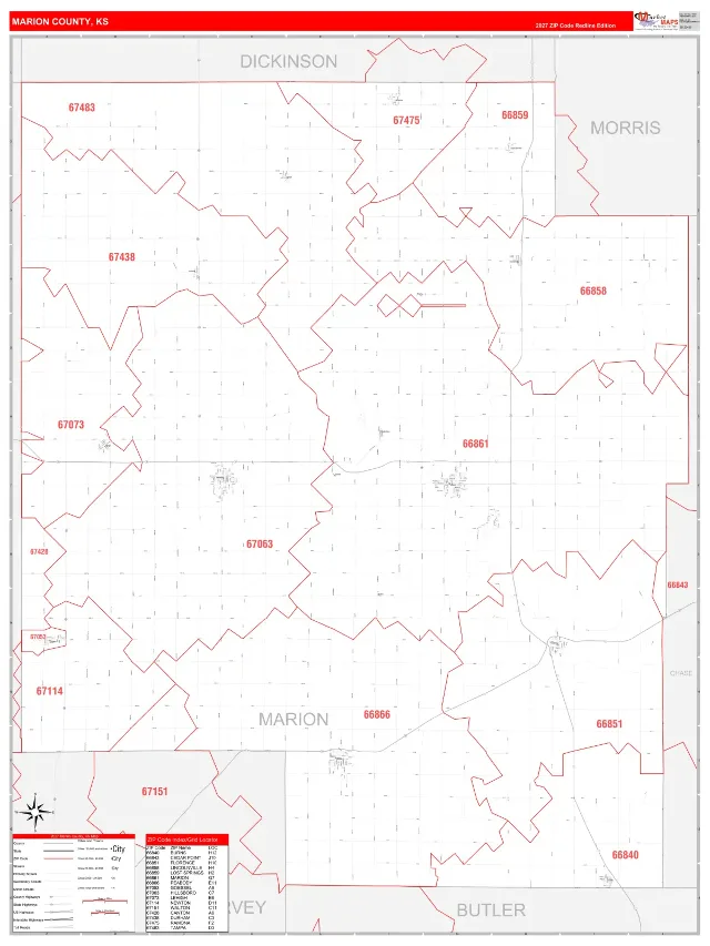 Marion County, KS ZIP Code Wall Map, RedLine style