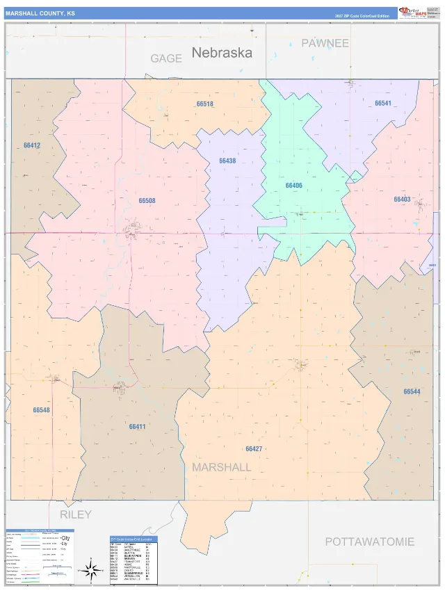 Marshall County, KS ZIP Code Wall Map, ColorCast style