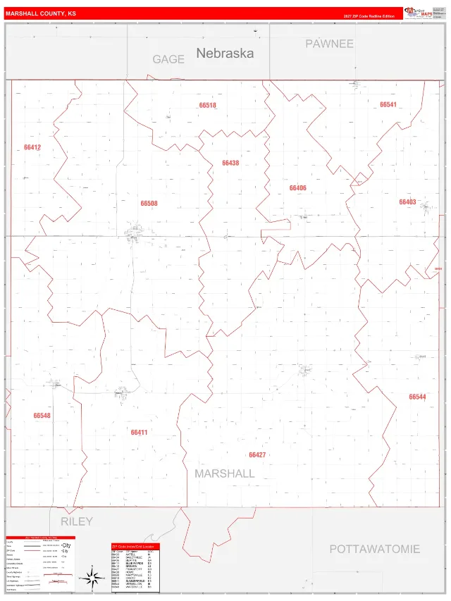 Marshall County, KS ZIP Code Wall Map, RedLine style