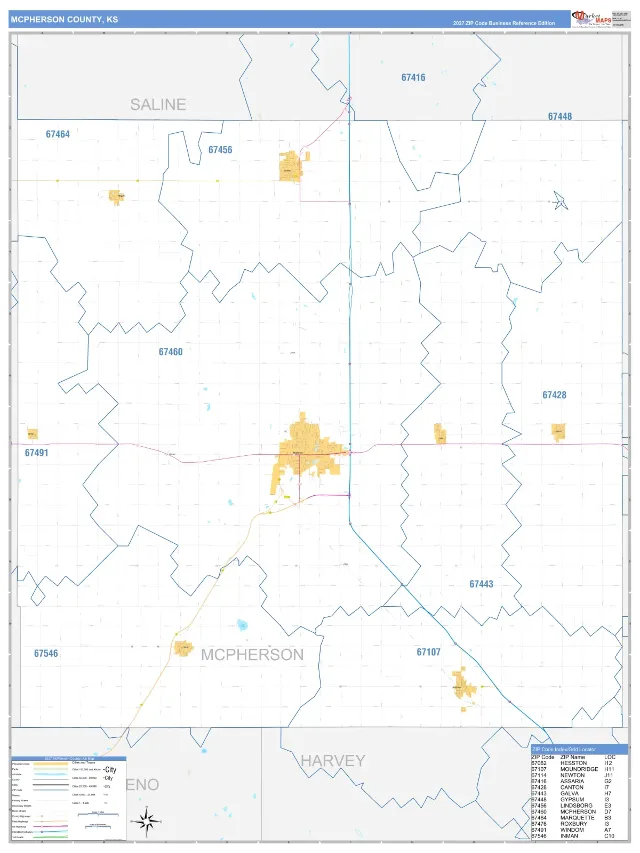 McPherson County, KS ZIP Code Wall Map, Business Reference style