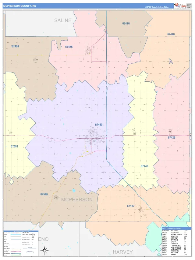 McPherson County, KS ZIP Code Wall Map, ColorCast style