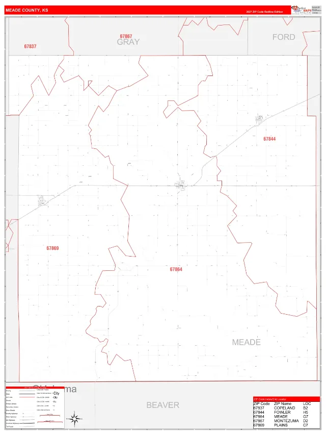 Meade County, KS ZIP Code Wall Map, RedLine style