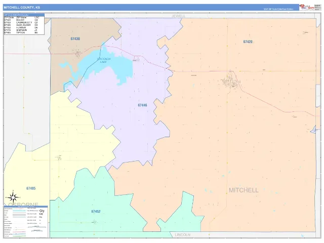 Mitchell County, KS ZIP Code Wall Map, ColorCast style