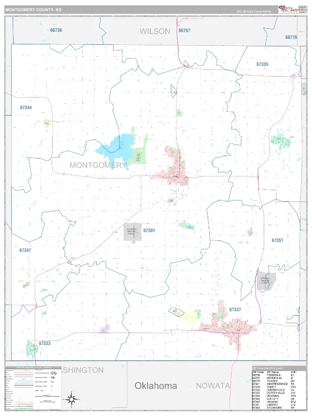 Montgomery County, KS ZIP Code Wall Map, Classic style
