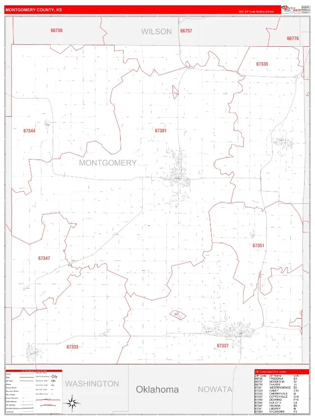 Montgomery County, KS ZIP Code Wall Map, RedLine style