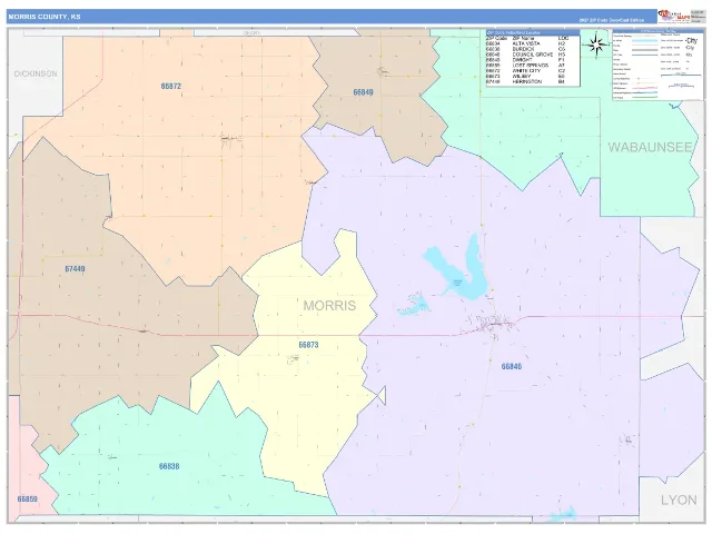 Morris County, KS ZIP Code Wall Map, ColorCast style