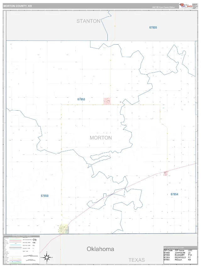 Morton County, KS ZIP Code Wall Map, Classic style