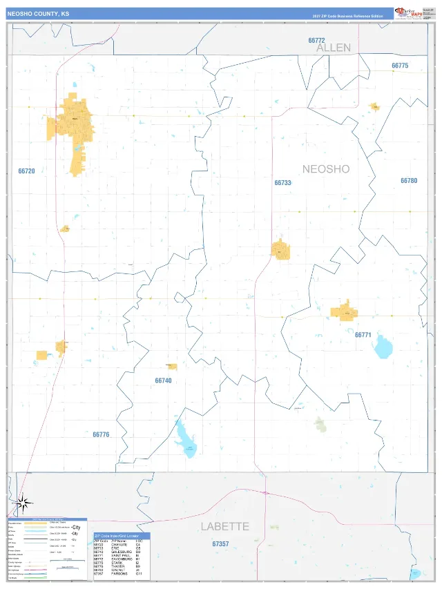Neosho County, KS ZIP Code Wall Map, Business Reference style