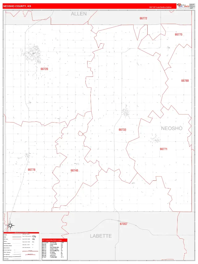 Neosho County, KS ZIP Code Wall Map, RedLine style