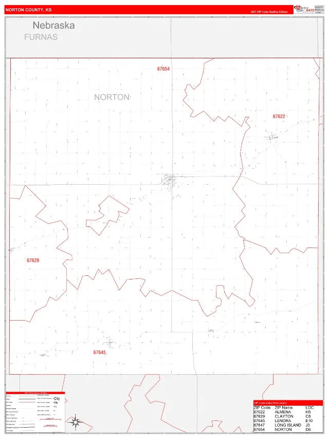 Norton County, KS ZIP Code Wall Map, RedLine style