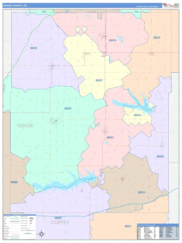 Osage County, KS ZIP Code Wall Map, ColorCast style